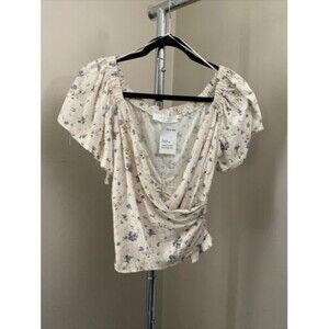 ASTR the Label Flutter Sleeve Faux Wrap Top Periwinkle Floral S